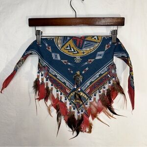 Vintage Wamcraft Western Bandana Scarf Feather Bead Fringe Boho Cowgirl